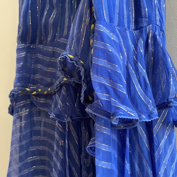 MISA Ambrosia Ruffle Hem Striped Midi Dress‎ Metallic Gold Royal Blue Tiered NEW - Picture 7 of 14